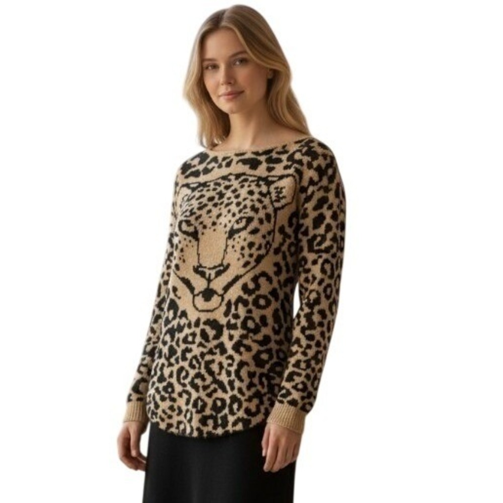 Cotton Emporium Women's Sweater Leopard Print Cheetah Knit Tan Black Small